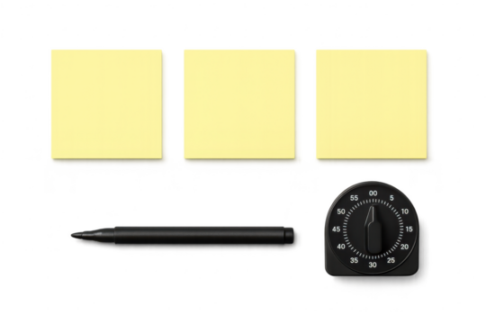 Yellow sticky notes, marker pen, and timer isolated on transparent background