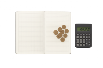 Open notebook, calculator, and blank tokens isolated on transparent background