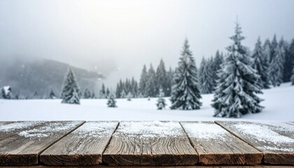 Snow-dusted wooden table with serene winter forest and mountains in a blurred background
