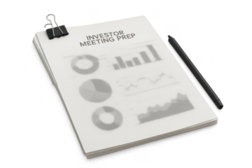 Investor meeting prep documents with charts and pen, isolated on transparent background