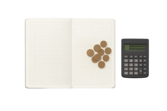 Open notebook, calculator, and blank tokens isolated on transparent background