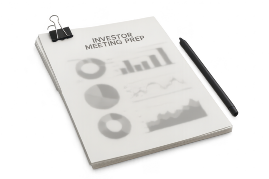 Investor meeting prep documents with charts and pen, isolated on transparent background
