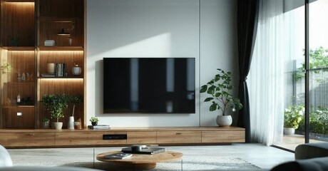 Frameless glossy flat tv off living space with neutral colors and daylight window
