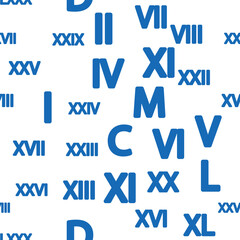 Seamless pattern with Roman numerals. Ten and twenty, thirty, forty, fifty, sixty, seventy, eighty and ninety. Algebra and geometry
