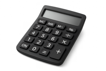 Modern black digital calculator isolated on transparent background, sleek design