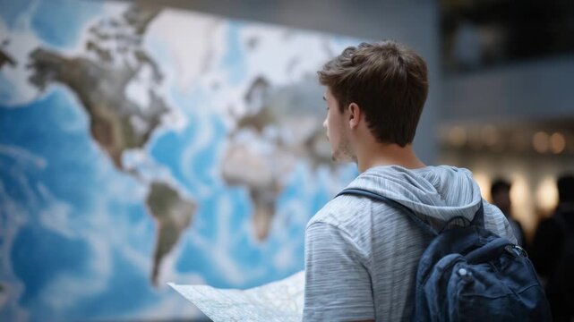 A student with a backpack explores a world map highlighting countries with study programs, symbolizing international mobility and adventure.