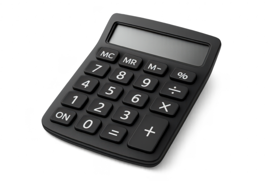 Modern black digital calculator isolated on transparent background, sleek design
