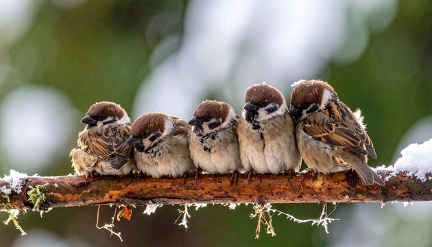Five Cozy Tree Sparrows Huddled Together on a Snowy Branch in Winter