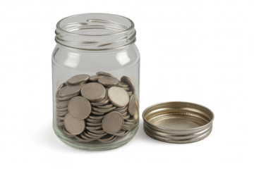 Glass jar full of silver coins with lid isolated on transparent background