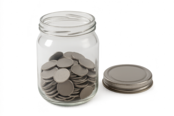 Glass jar filled with silver coins and an open lid, isolated on transparent background