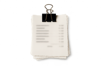 Stack of blurred receipts held by binder clip, isolated on transparent background