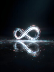 Stunning infinite loop symbol glows with vibrant light trails reflected on futuristic digital surface, symbolizing eternity, technology, and endless possibilities.