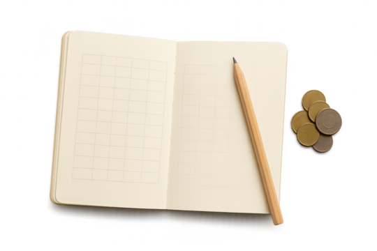 Open notebook with pencil and stack of coins isolated on transparent background