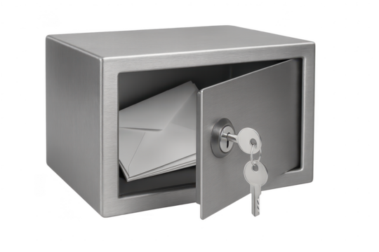 Compact metal safe with open door, keys in lock, and envelopes, isolated on transparent background. - Powered by Adobe