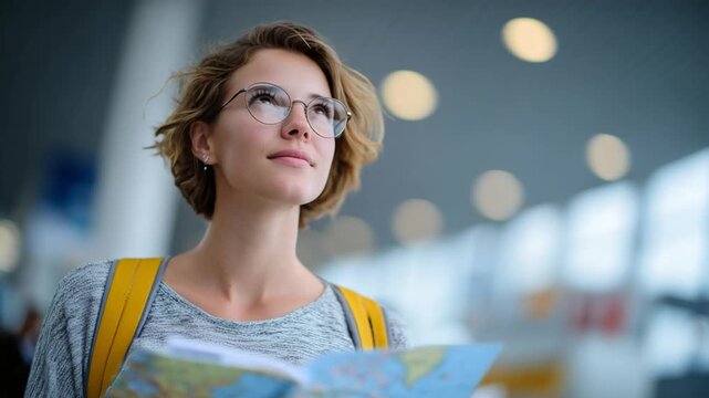 Young female traveler-student in a library, exploring a world map and taking notes, symbolizing study and work abroad planning.