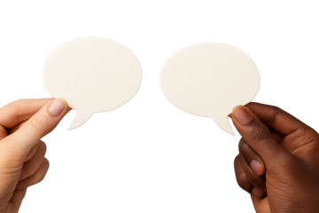 Transparent blank speech bubbles held by diverse hands, dialogue concept.