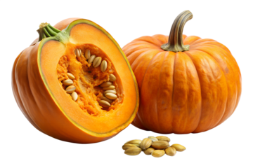 Orange pumpkins with seeds isolated on white background