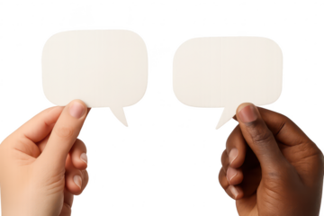 Two diverse hands holding blank white speech bubbles isolated on transparent background