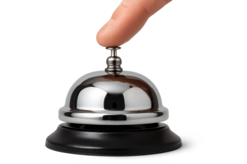 Finger pressing shiny chrome service bell, isolated on transparent background