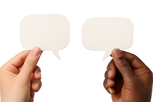 Two diverse hands holding blank white speech bubbles isolated on transparent background - Powered by Adobe