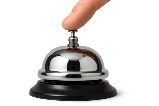 Finger pressing shiny chrome service bell, isolated on transparent background