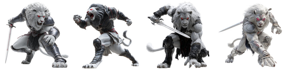 Fototapeta premium Epic fantasy warrior lions ready for battle, a formidable team of animal warriors, perfect for fantasy game art, character design, or mythical story illustrations