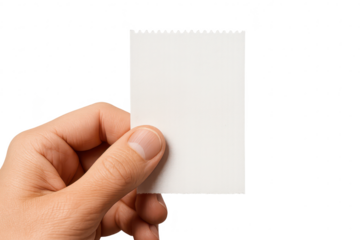Hand holding blank white paper with perforated edge isolated on transparent background