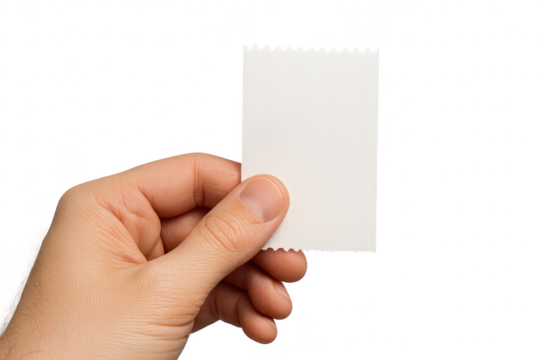 Male hand holding a blank white perforated paper isolated on transparent background.
