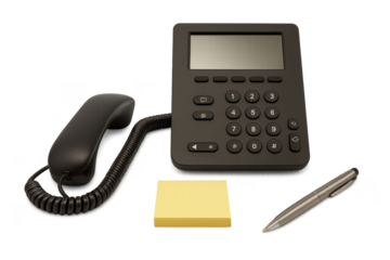 Black desk phone with yellow sticky notes, and a pen on transparent background