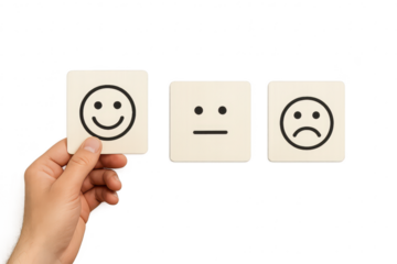 Hand holding happy emotion square isolated on transparent background view