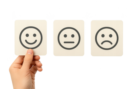 Hand holding emotion cards with smiley, neutral, and sad face isolated, transparent