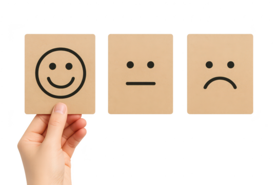 Hand holding a smiling face card against transparent background, isolated