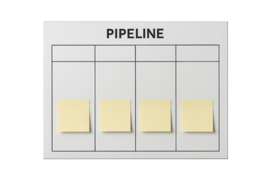 Isolated pipeline whiteboard with sticky notes on a transparent background