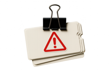 Stack of cards with exclamation mark held by a clip on transparent backdrop