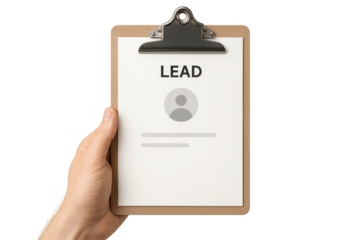 Clipboard with lead information being held on transparent background, isolated