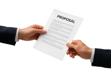 Hands exchanging a business proposal on transparent background, contract pass