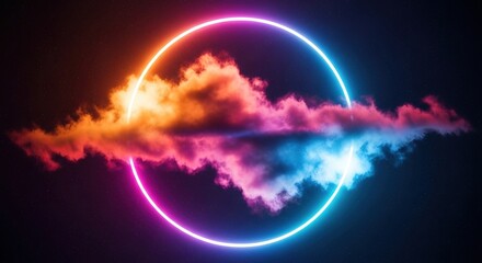Fototapeta premium Luminous Neon Ring Piercing a Bicolored Cloud Above a Reflective Horizon.