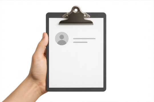 Hand holding clipboard with profile avatar isolated on transparent background