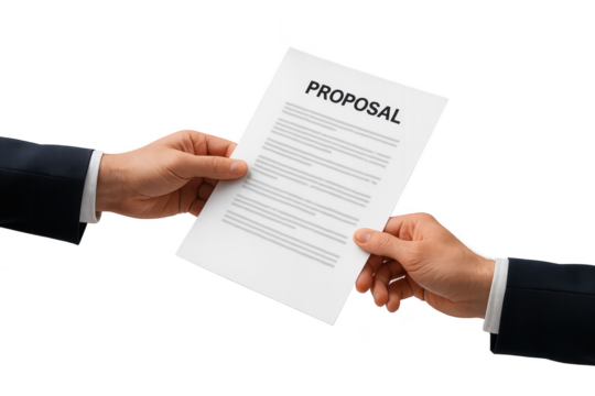 Hands exchanging a business proposal on transparent background, contract pass