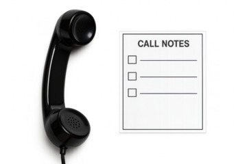 Vintage black telephone handset and notepad isolated on transparent backdrop