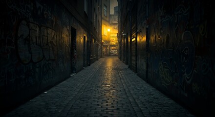 Fototapeta premium Urban Mystery: Dark Alleyway with Graffiti Walls and a Single Glowing Lamp at Night