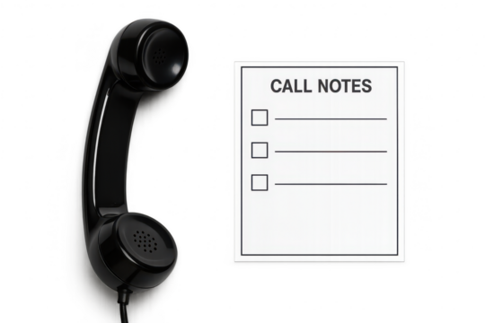 Vintage black telephone handset and notepad isolated on transparent backdrop