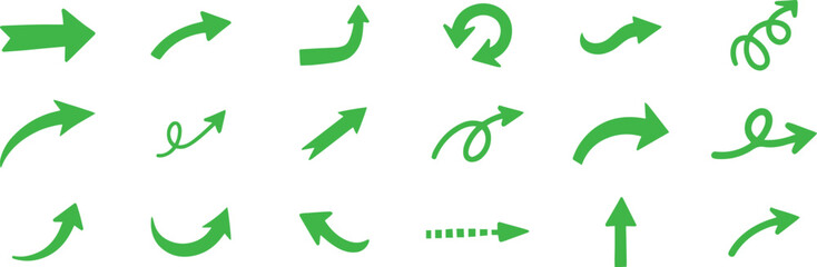 Collection of green arrows pointing in various directions, isolated on transparent background