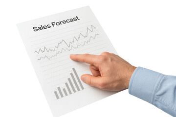 Hand pointing at sales forecast graph on transparent background, isolated document