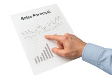 Hand pointing at sales forecast graph on transparent background, isolated document