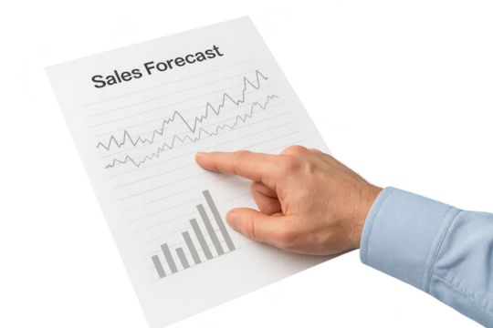 Hand pointing at sales forecast graph on transparent background, isolated document - Powered by Adobe