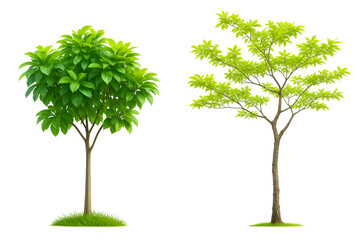 Fototapeta premium Two cartoon green trees showing seasonal growth comparison on white background