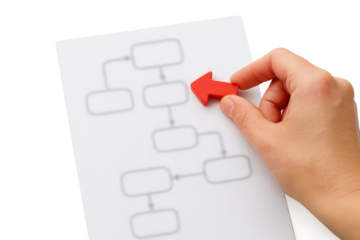 Hand places arrow on flow chart with transparent background, concept design