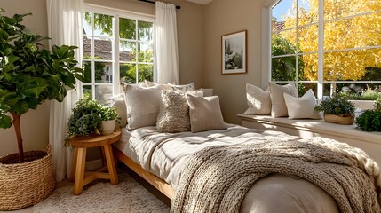 Inviting bedroom nook bathed in natural light, a tranquil escape filled with plants and textured pillows for cozy relaxation