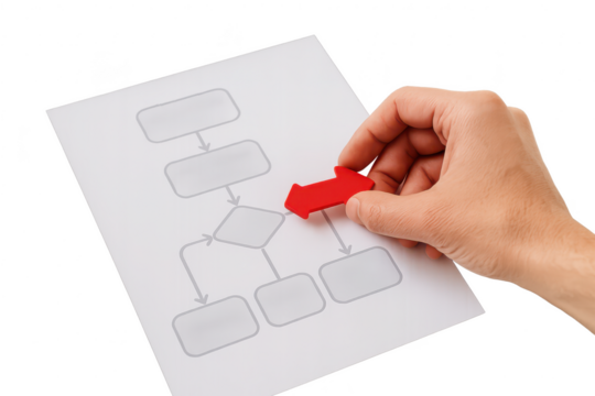 Hand placing red arrow in a flowchart on transparent backdrop concept, isolated